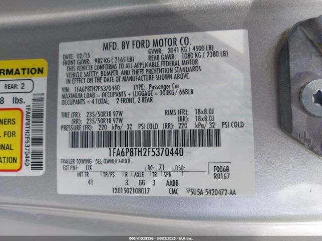 1FA6P8TH2F5370440 Ford Mustang Ecoboost