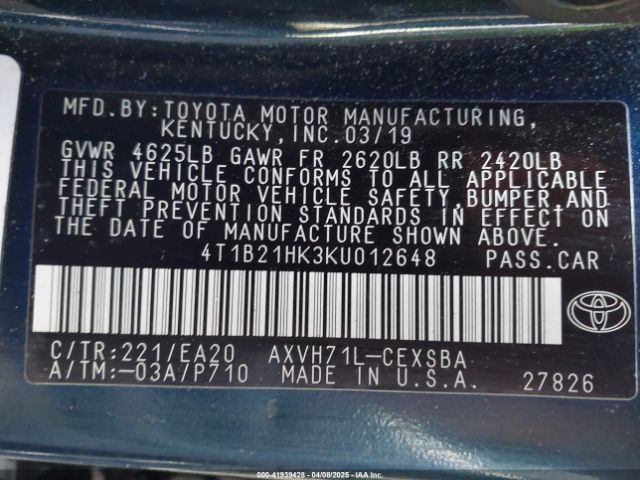 4T1B21HK3KU012648 Toyota Camry Hybrid Se