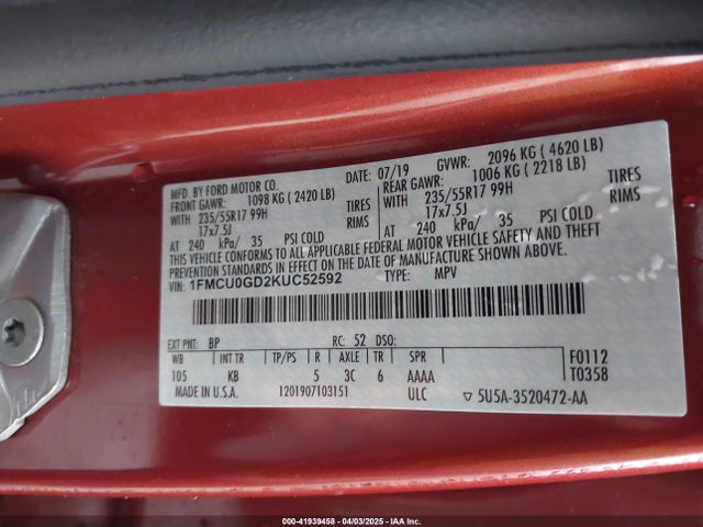 1FMCU0GD2KUC52592 Ford ESCAPE SE