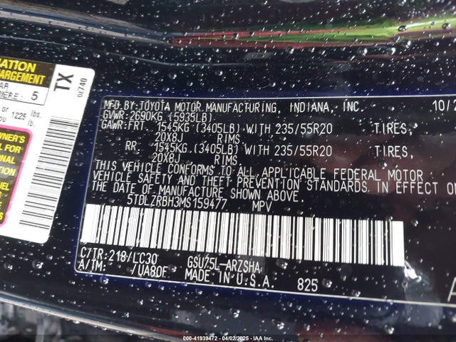 5TDLZRBH3MS159477 Toyota Highlander Xse