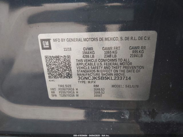 3GNCJKSB5KL233714 Chevrolet TRAX LS