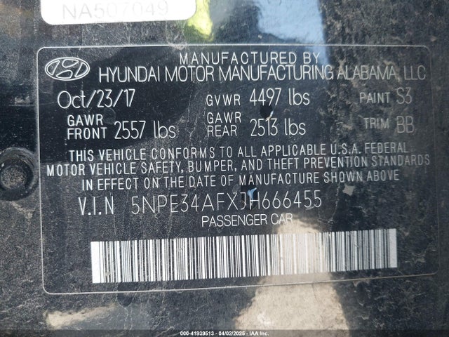 5NPE34AFXJH666455 Hyundai SONATA SEL
