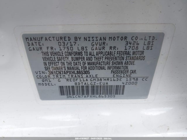 3N1CN7APXHL865305 Nissan Versa 1.6 Sl