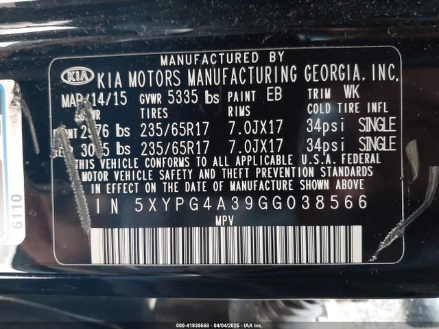 5XYPG4A39GG038566 KIA Sorento 2.4l Lx