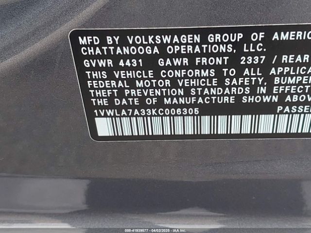 1VWLA7A33KC006305 Volkswagen Passat 2.0t Wolfsburg Edition