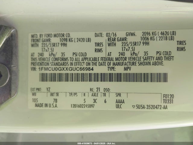 1FMCU0GXXGUC66984 Ford ESCAPE SE