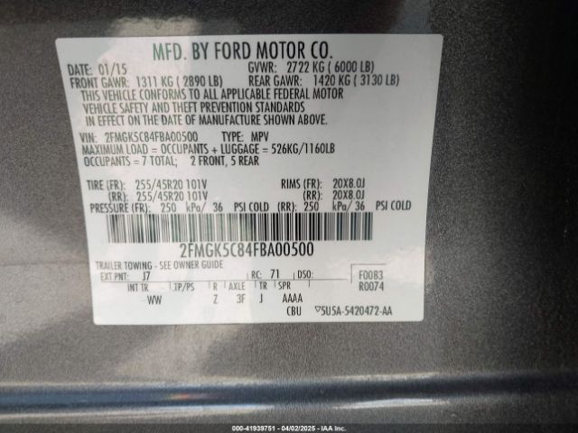 2FMGK5C84FBA00500 Ford FLEX SEL