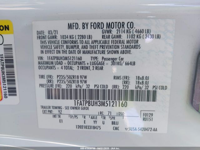 1FATP8UH3M5121160 Ford Mustang Ecoboost Premium