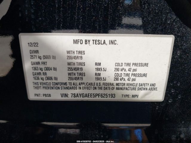 7SAYGAEE5PF625193 Tesla Model Y Awd/long Range Dual Motor All-wheel Drive
