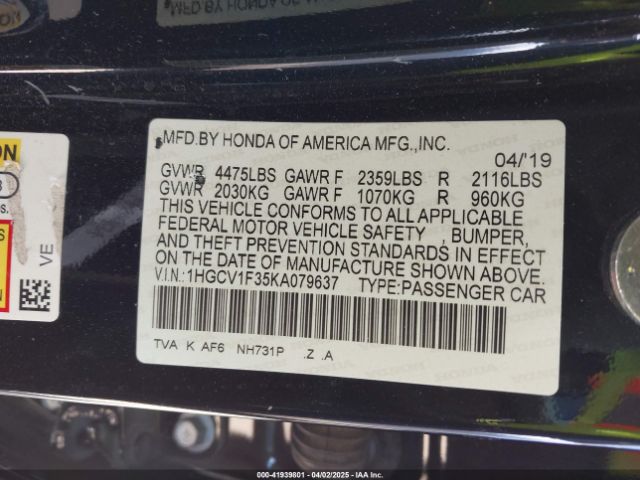 1HGCV1F35KA079637 Honda Accord Sport
