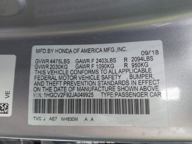 1HGCV2F92JA049925 Honda Accord Touring 2.0t