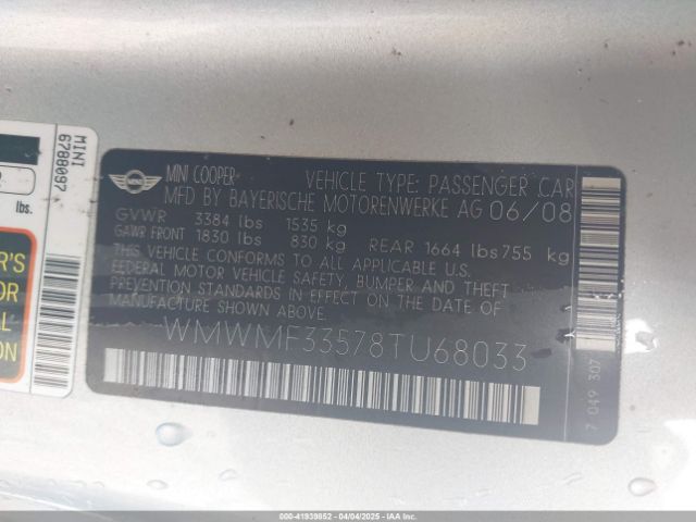 2008 MINI COOPER WMWMF33578TU68033 Photo 8