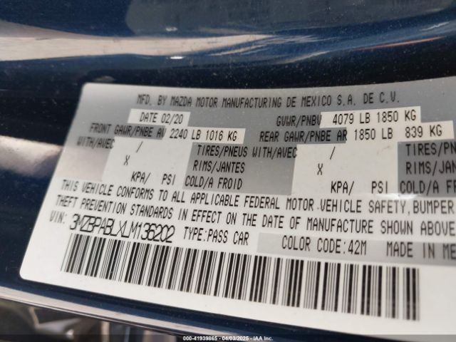 3MZBPABLXLM136202 Mazda MAZDA3