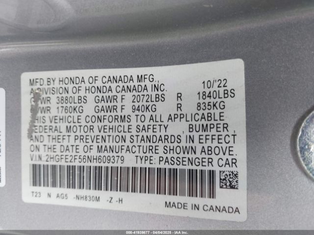 2HGFE2F56NH609379 Honda Civic Sport