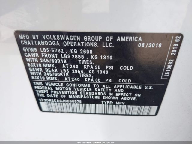 1V2DR2CA3JC580575 Volkswagen Atlas 3.6l V6 Se/3.6l V6 Se W/technology