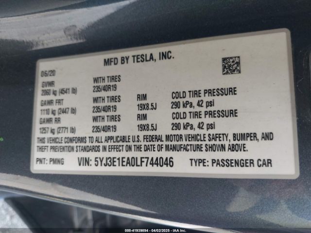 5YJ3E1EA0LF744046 Tesla Model 3 Standard Range Plus Rear-wheel Drive/standard Range Rear-wheel Drive