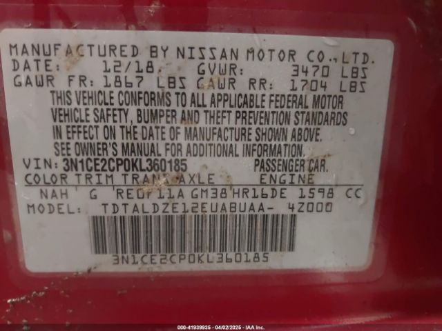 3N1CE2CP0KL360185 Nissan Versa Note Sv