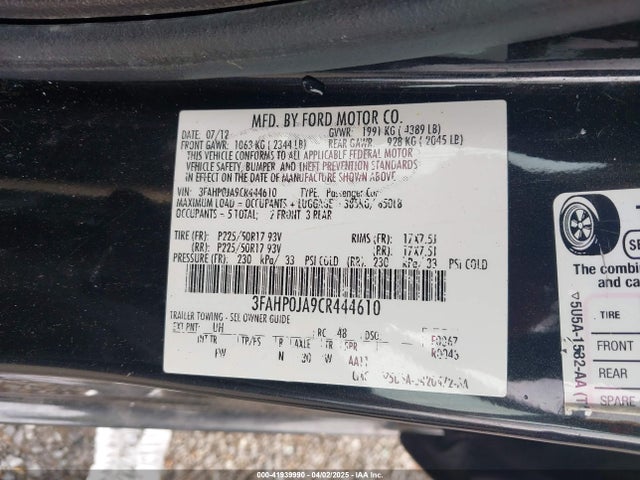 Aukcja sprzedaży 2012 Ford Fusion Sel, vin: 3FAHP0JA9CR444610, numer aukcji: 41939990
