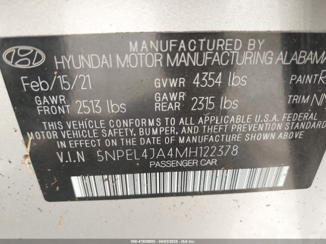 5NPEL4JA4MH122378 Hyundai SONATA SEL