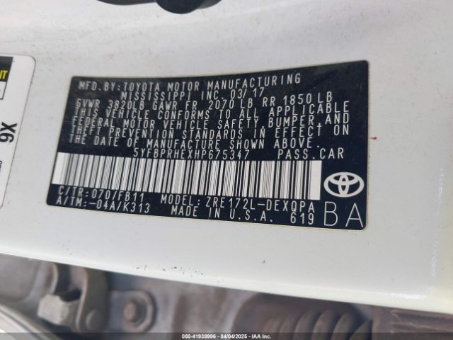 5YFBPRHEXHP675347 Toyota Corolla Le Eco