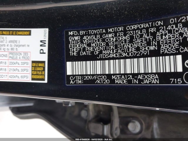 JTDS4MCE3MJ072791 Toyota COROLLA SE