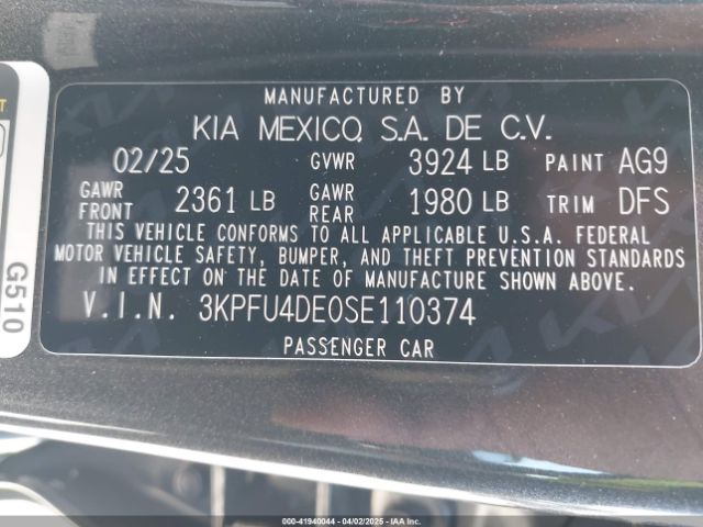 3KPFU4DE0SE110374 KIA K4 Ex