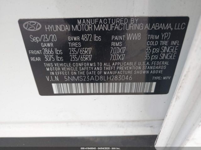 5NMS23AD8LH283046 Hyundai Santa Fe Se