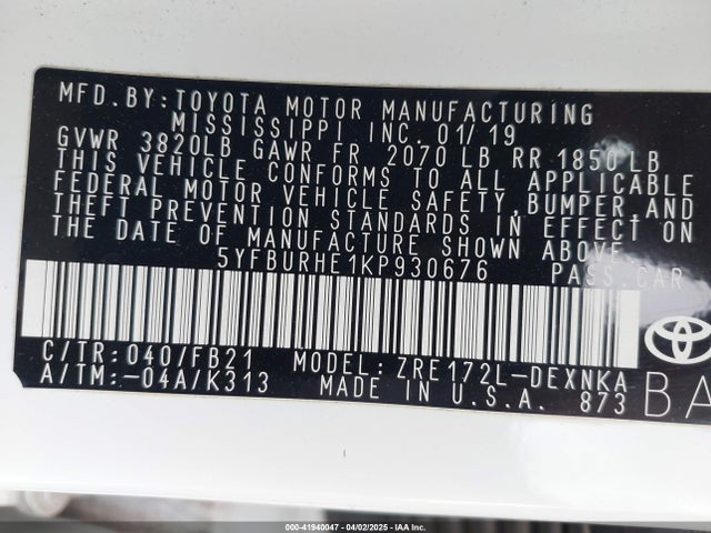 5YFBURHE1KP930676 Toyota COROLLA LE