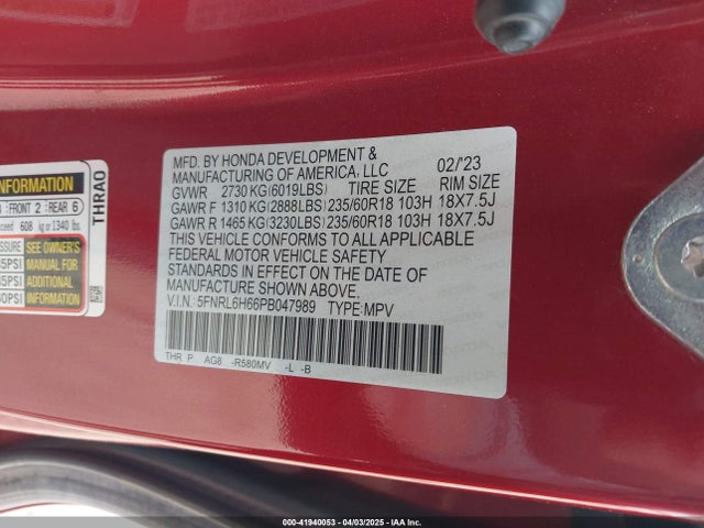 Honda Odyssey Ex-l 2023 5FNRL6H66PB047989 Image 9