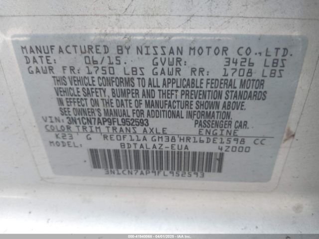 3N1CN7AP9FL952593 Nissan Versa 1.6 S+