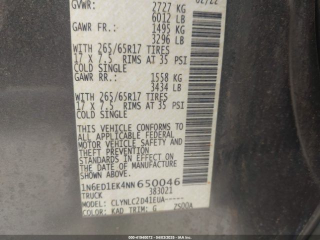 1N6ED1EK4NN650046 Nissan Frontier Sv 4x4
