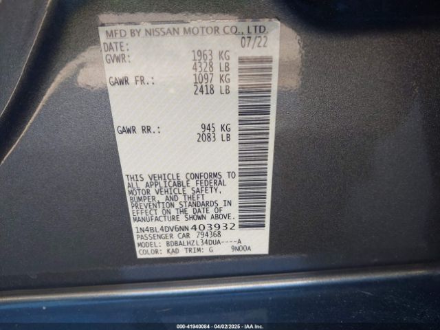 1N4BL4DV6NN403932 Nissan Altima Sv Fwd