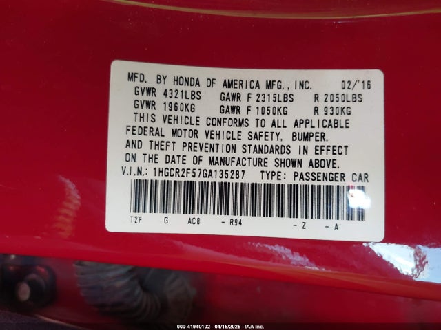 1HGCR2F57GA135287 Honda Accord Sport