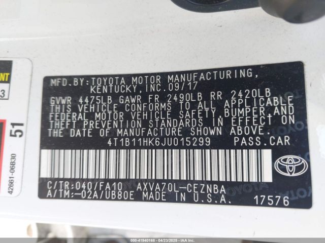 4T1B11HK6JU015299 Toyota CAMRY LE
