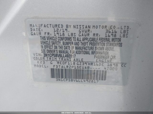 3N1CP5BV6LL492817 Nissan Kicks S Xtronic Cvt