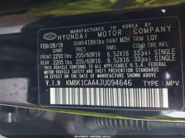 KM8K1CAA4JU094646 Hyundai Kona Se