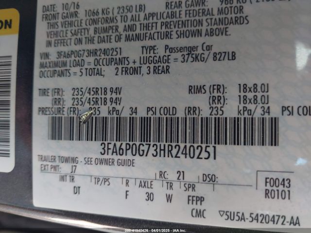 3FA6P0G73HR240251 Ford FUSION S