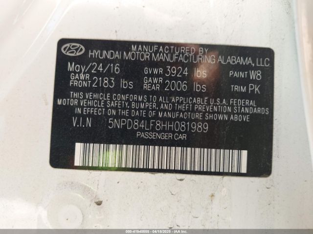 5NPD84LF8HH081989 Hyundai ELANTRA SE