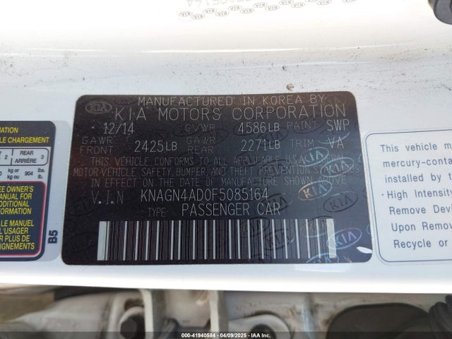 KNAGN4AD0F5085164 KIA Optima Hybrid Ex