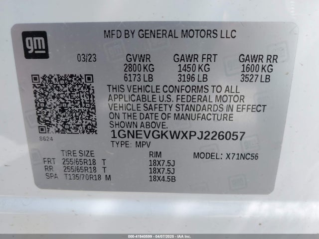1GNEVGKWXPJ226057 Chevrolet Traverse Awd Lt Cloth