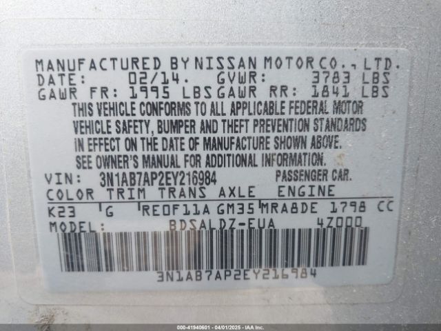 3N1AB7AP2EY216984 Nissan Sentra Fe+ S/fe+ Sv/s/sl/sr/sv