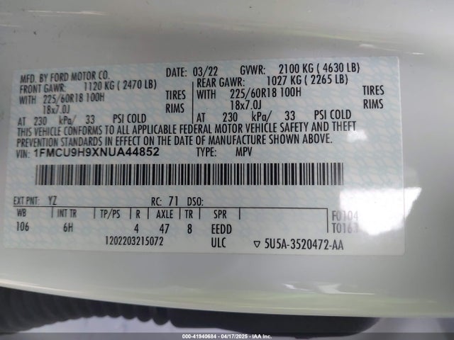 1FMCU9H9XNUA44852 Ford ESCAPE SEL