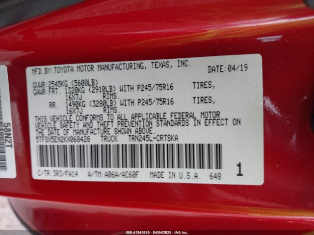 2019 TOYOTA TACOMA 5TFSX5EN2KX068428 Photo 8