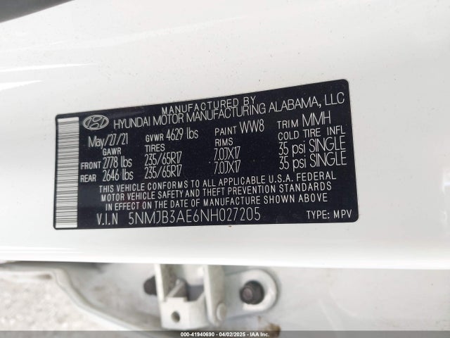 5NMJB3AE6NH027205 Hyundai TUCSON SEL
