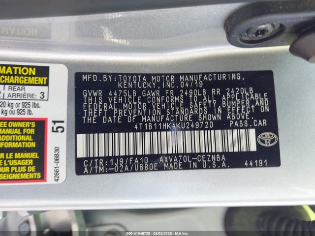 4T1B11HK4KU249720 Toyota CAMRY LE