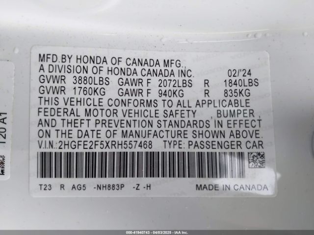 2HGFE2F5XRH557468 Honda Civic Sport