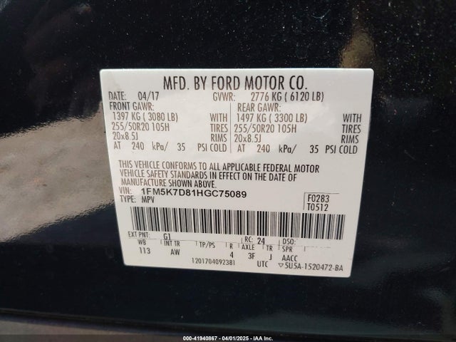 1FM5K7D81HGC75089 Ford EXPLORER XLT