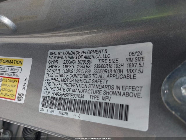 7FARS5H59SE007634 Honda Cr-v Hybrid Sport