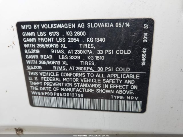 WVGEF9BP6ED012796 Volkswagen Touareg 3.6l Lux