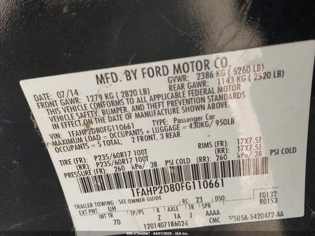1FAHP2D80FG110661 Ford TAURUS SE